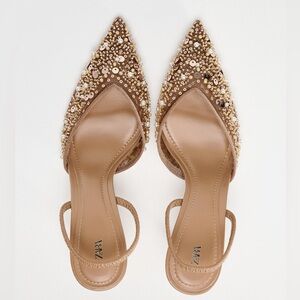 Zara Pearled Beaded Mesh Slingback Kitten Heel NWOT